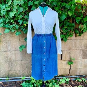 Vintage 80s Denim Skirt XS S Blue Midi A-Line Barclays Square Pockets Preppy